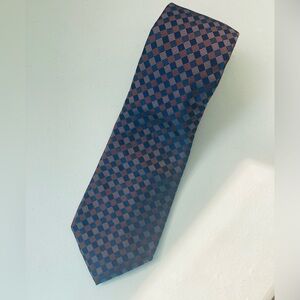 Calvin Klein Blue, white and rust Checkered Tie.  100% silk. Classic cut.